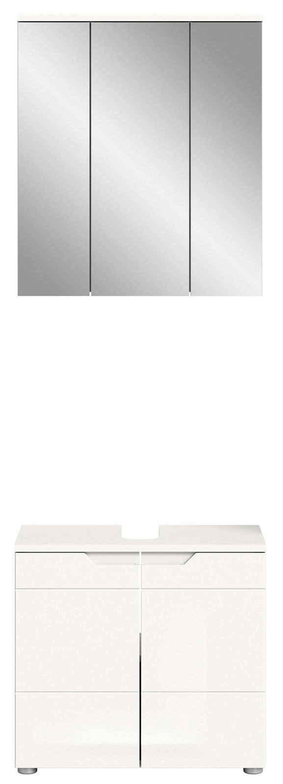 Frontale Ansicht einer modernen Badkombination mit einem dreiteiligen Spiegelschrank und einem weißen Unterschrank mit Schubladen.