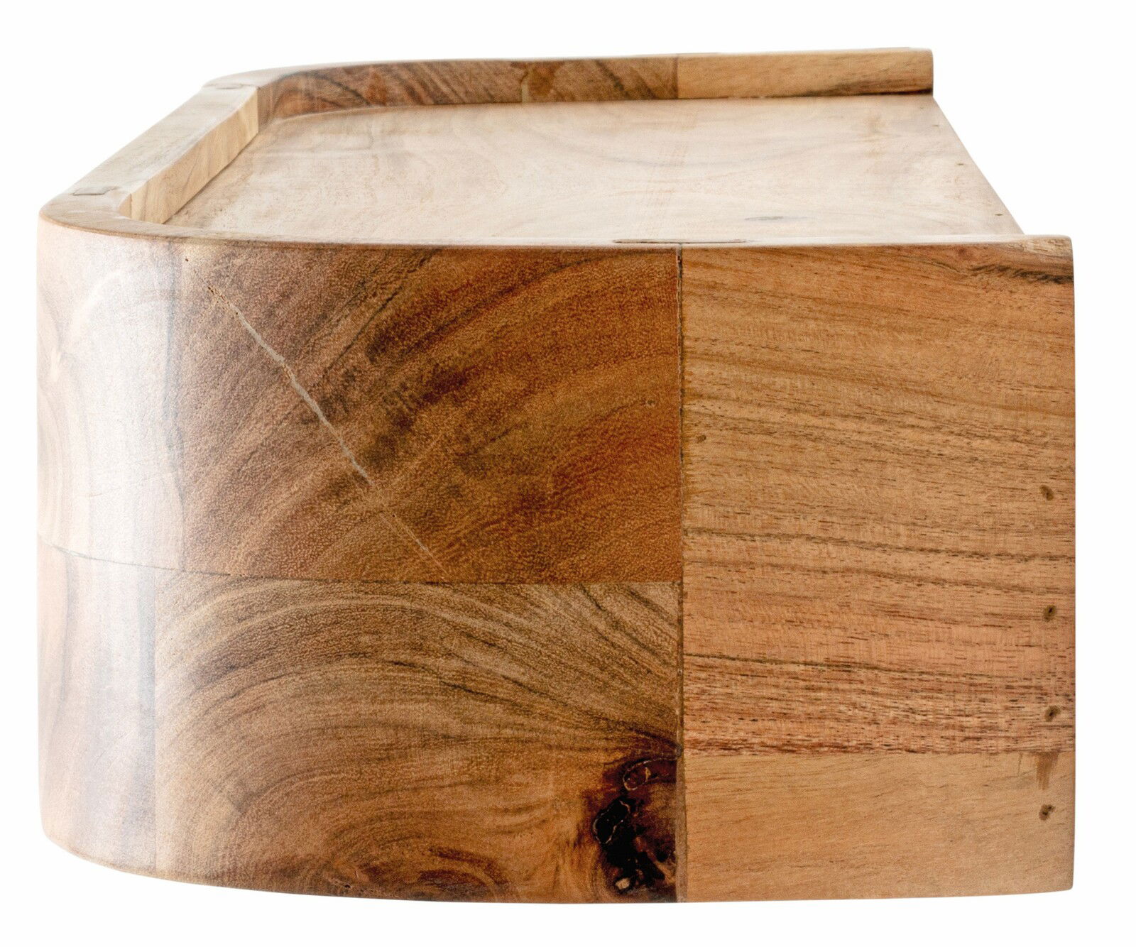 Seitenansicht einer Wandgarderobe aus Holz mit abgerundeten Ecken und natürlicher Holzmaserung.