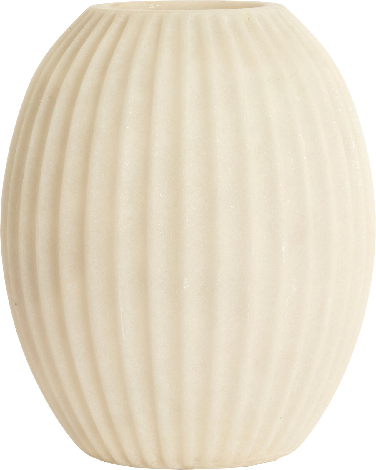 Cremefarbene, bauchige Vase mit feiner vertikaler Rillenstruktur, frontal aus leichter Draufsicht vor weißem Hintergrund
