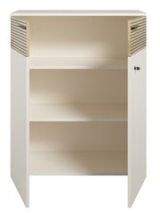 Aktenschrank mit zwei offenen Türen, zwei Regalböden und seitlichen Holzlamellen, Frontalansicht