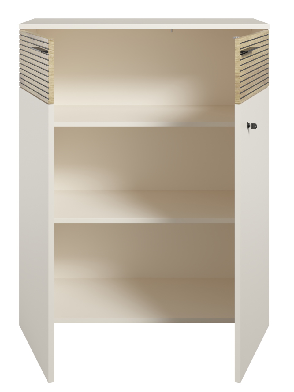 Aktenschrank mit zwei offenen Türen, zwei Regalböden und seitlichen Holzlamellen, Frontalansicht