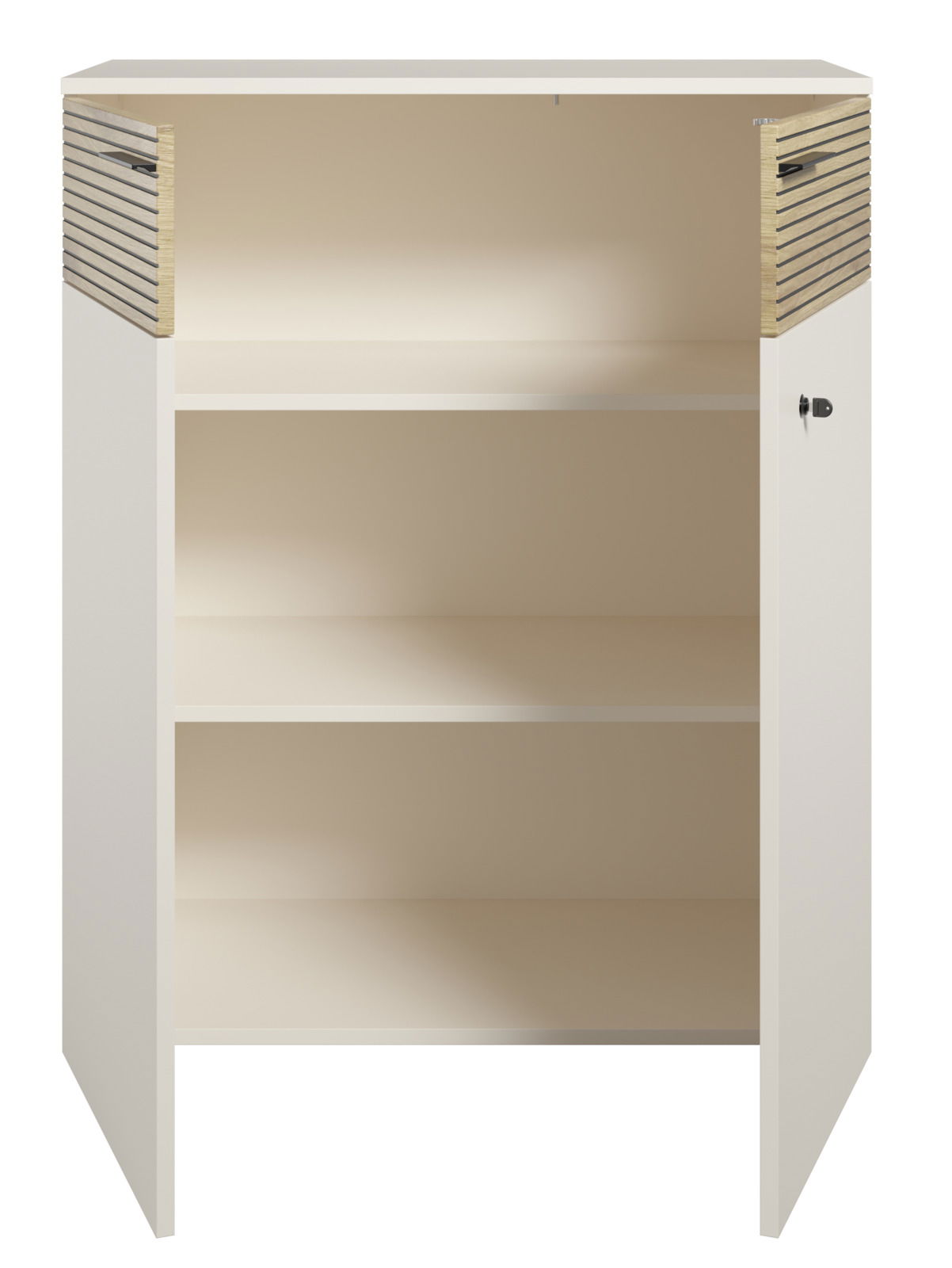 Aktenschrank mit zwei offenen Türen, zwei Regalböden und seitlichen Holzlamellen, Frontalansicht