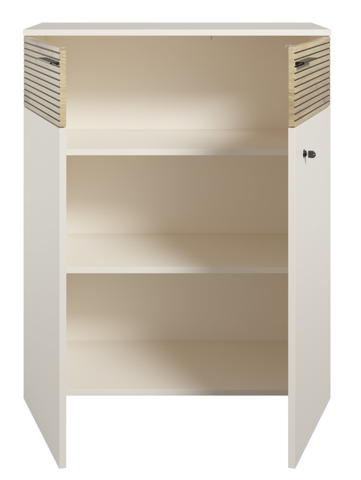 Aktenschrank mit zwei offenen Türen, zwei Regalböden und seitlichen Holzlamellen, Frontalansicht
