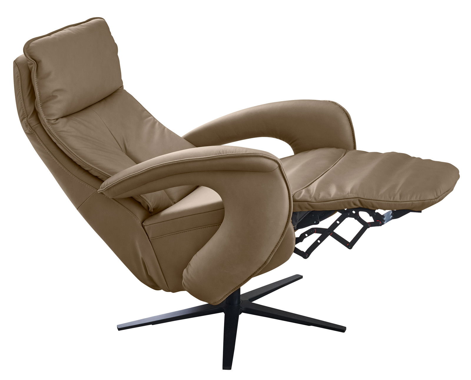 Beiger Relax-Sessel in seitlicher Perspektive mit ausgeklappter Fußstütze und modernem Design.