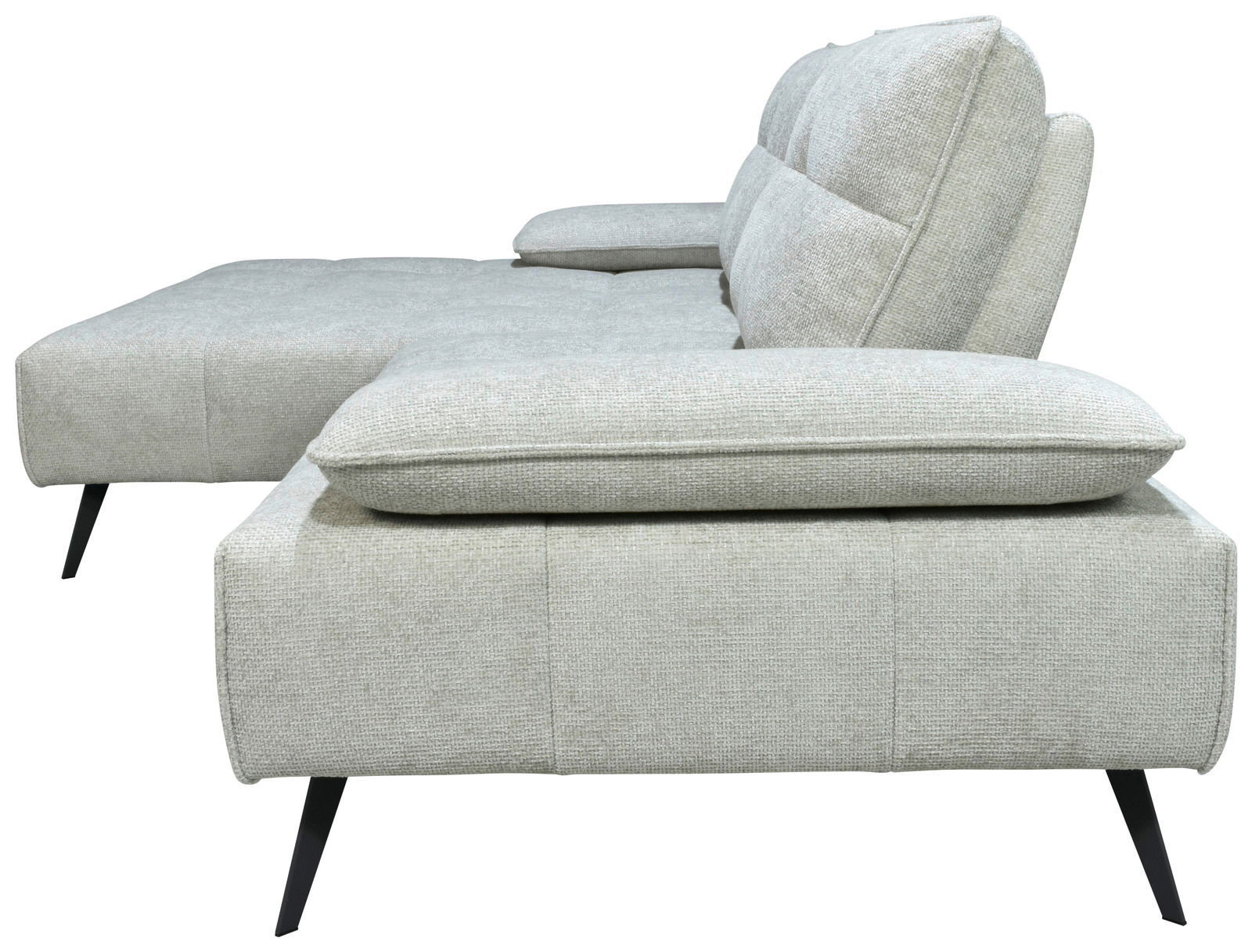 Seitenansicht einer modernen, grauen Longchairkombination mit schwarzen Metallbeinen.