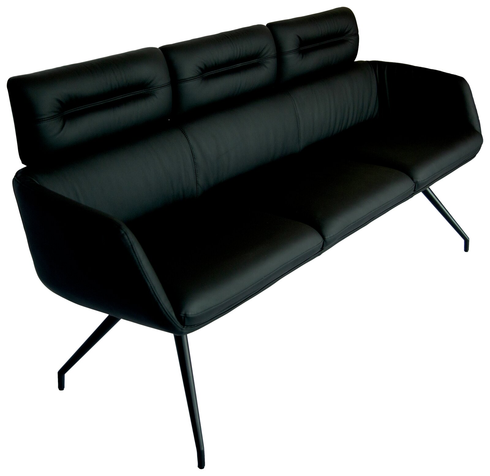 Schwarze Sitzbank mit drei Sitzplätzen und hoher Rückenlehne, seitliche Perspektive