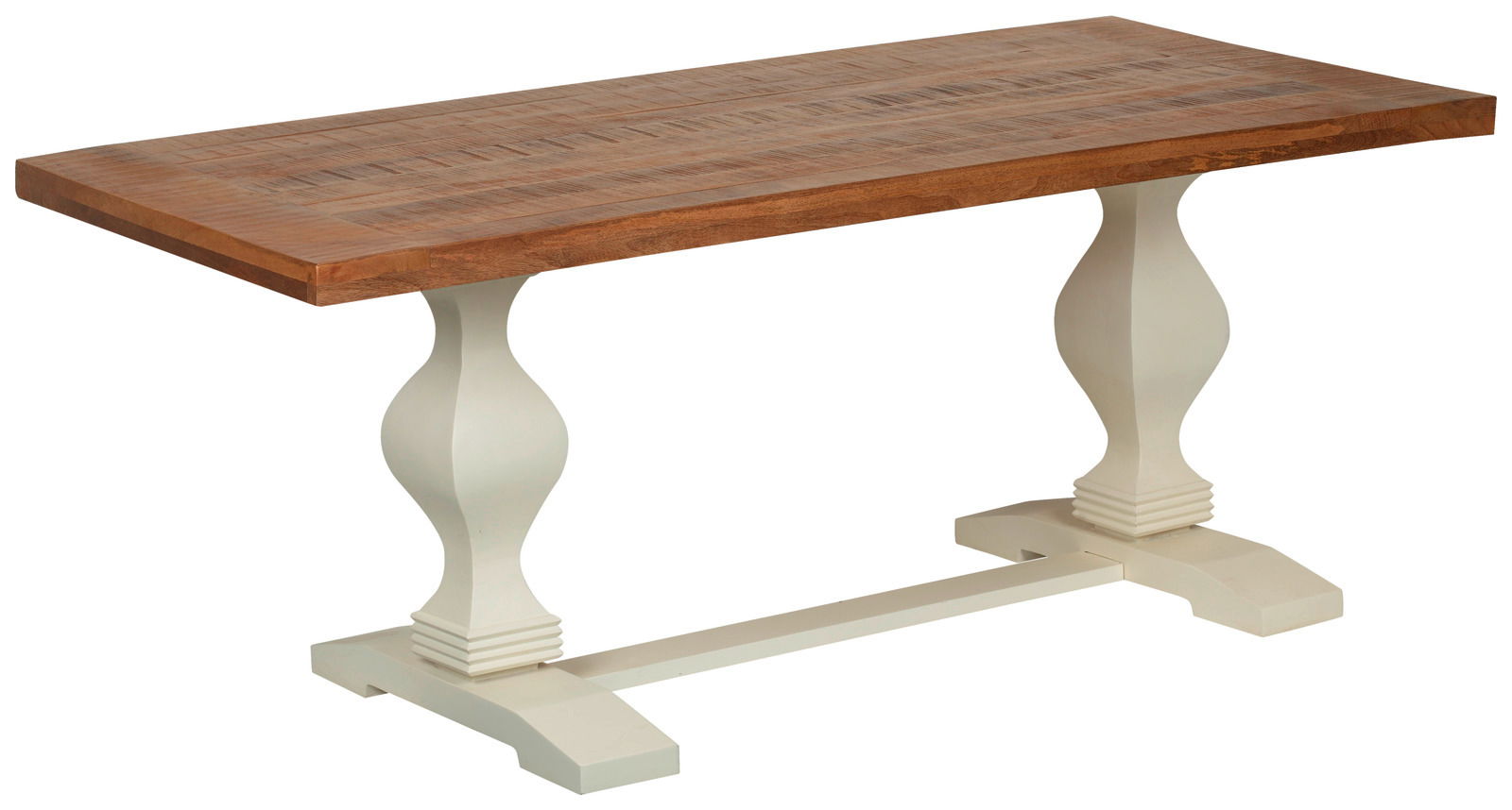 Esstisch mit rustikaler Holzplatte und geschwungenen weißen Beinen, seitliche Perspektive