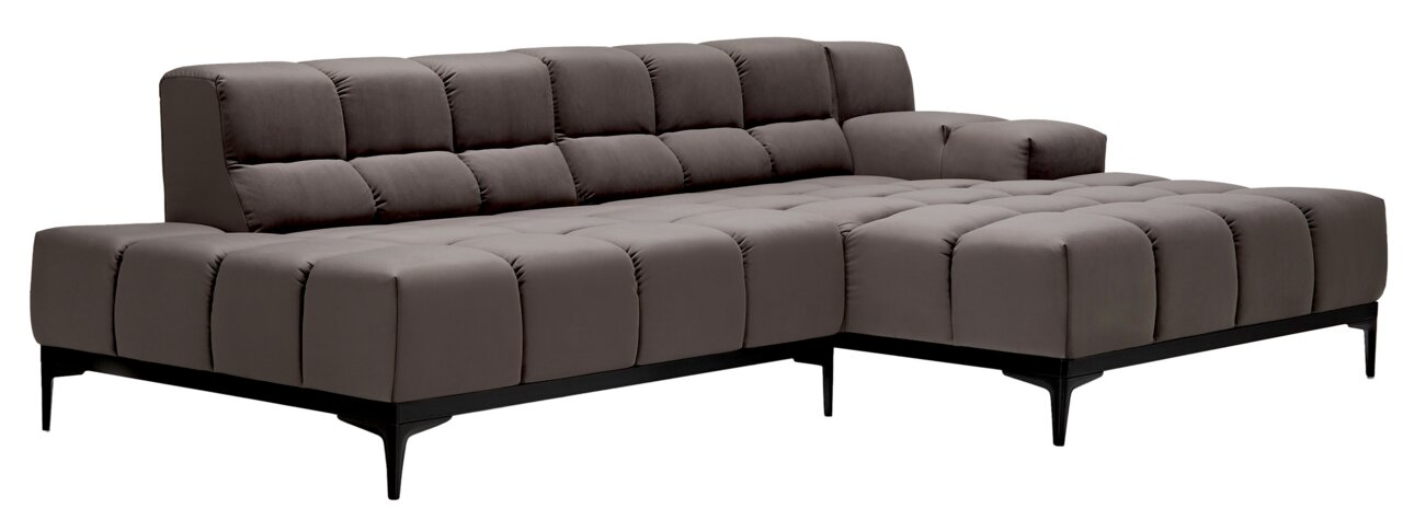 Graue Longchairkombination mit gepolsterten Sitz- und Rückenkissen, seitliche Perspektive