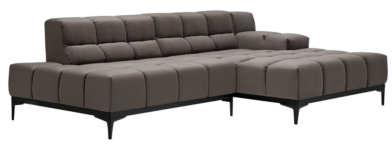 Graue Longchairkombination mit gepolsterten Sitz- und Rückenkissen, seitliche Perspektive