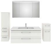 Badezimmermöbel-Set bestehend aus einem Spiegelschrank, einem Waschbeckenunterschrank mit integriertem Waschbecken und zwei Hochschränken, frontal betrachtet.