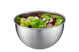 Edelstahl-Schüssel mit frischem Salat, seitliche Perspektive