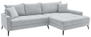 Graues Ecksofa mit rechter Ottomane, gestepptem Stoff und schwarzen Beinen, Perspektive von vorne links