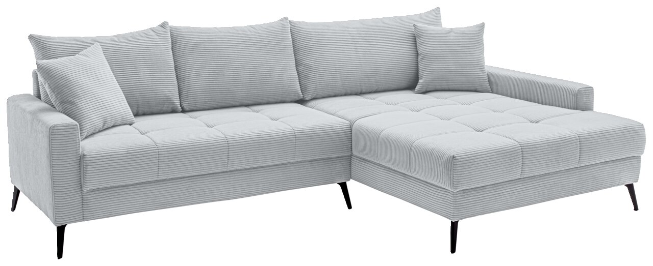 Graues Ecksofa mit rechter Ottomane, gestepptem Stoff und schwarzen Beinen, Perspektive von vorne links