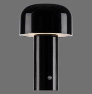 Schwarze Akku-Tischleuchte AGNES, frontal von unten fotografiert, mit glänzendem Finish und rundem Lampenschirm.