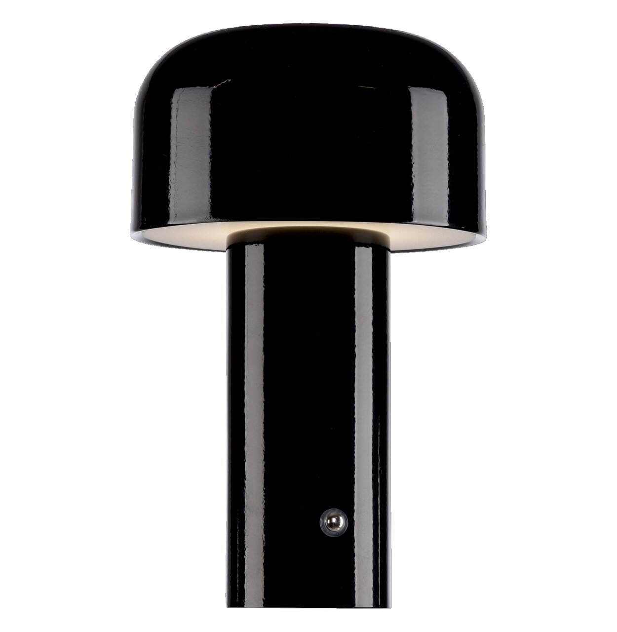 Just Light Akku-Tischleuchte AGNES Schwarze Akku-Tischleuchte AGNES, frontal von unten fotografiert, mit glänzendem Finish und rundem Lampenschirm.