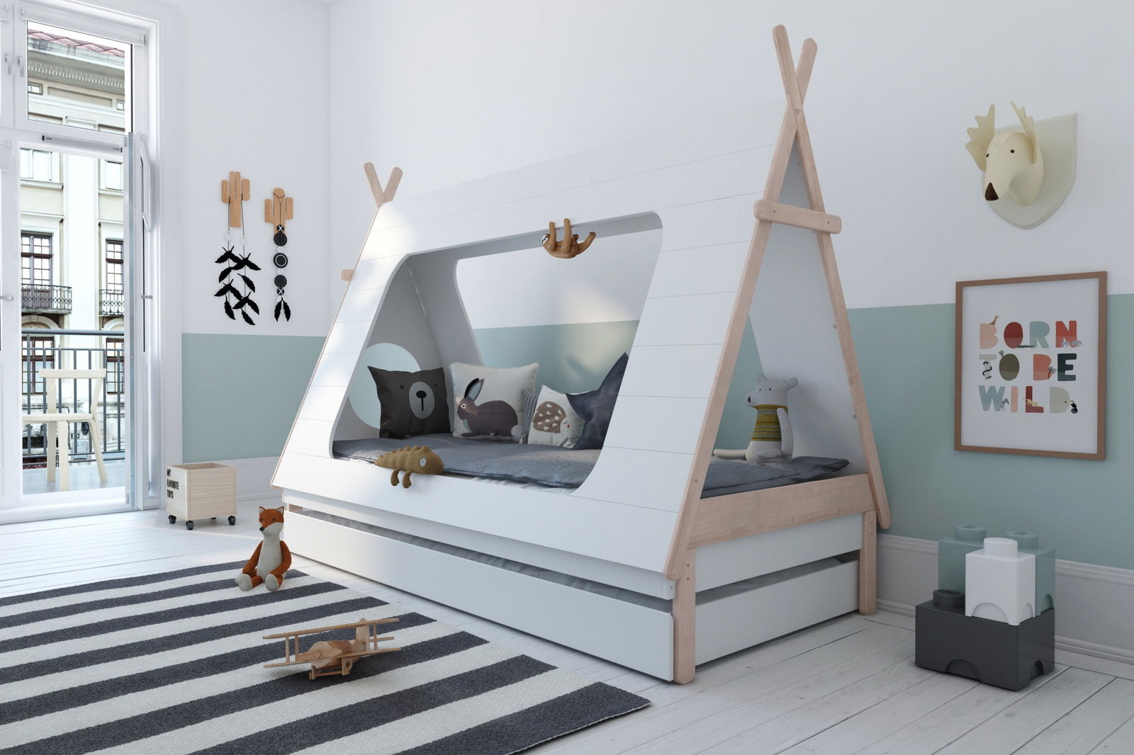 Kinderbett in Zeltform mit Holzrahmen, dekoriert mit Kissen und Spielzeug, seitliche Perspektive