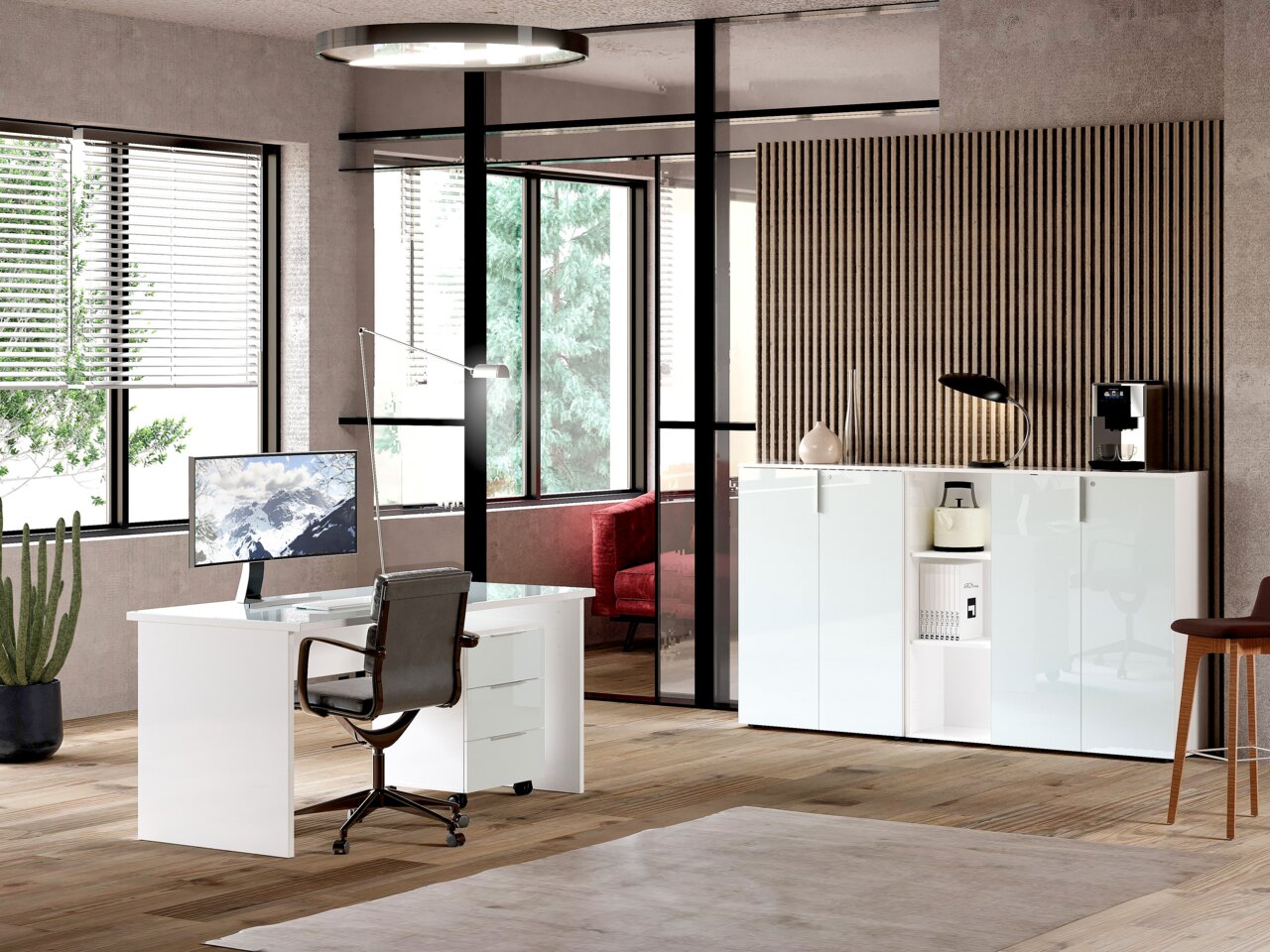 Stylife Aktenschrank niedrig PADUA OFFICE PADUA OFFICE Moderner Büroraum mit weißem Schreibtisch, Bürostuhl und niedrigem Aktenschrank, seitliche Perspektive