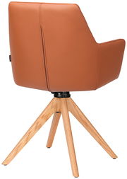 Rückansicht eines modernen Armlehnstuhls mit braunem Lederbezug und Holzbeinen.