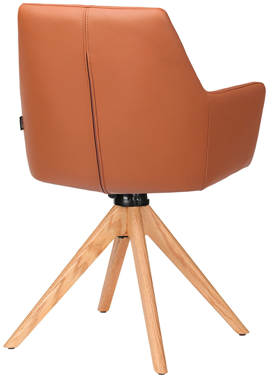 Rückansicht eines modernen Armlehnstuhls mit braunem Lederbezug und Holzbeinen.