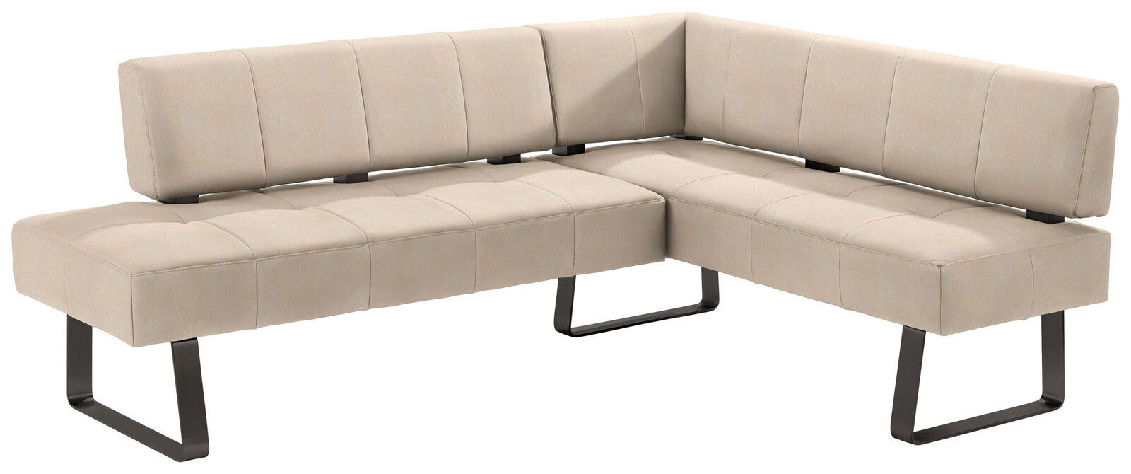 Beige Eckbank mit modernem Design und schwarzen Metallbeinen, seitliche Perspektive