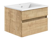 Waschtisch mit Holzoptik und zwei Schubladen, seitliche Perspektive