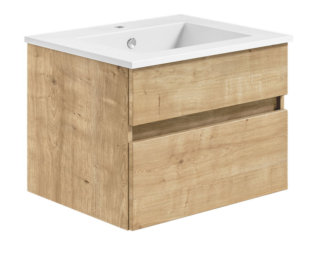 Waschtisch mit Holzoptik und zwei Schubladen, seitliche Perspektive