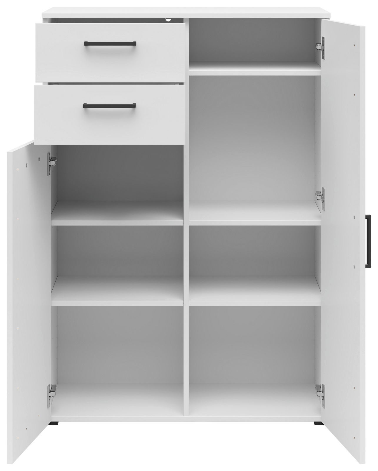 Weiße Kommode mit zwei Schubladen und sechs offenen Fächern, Türen geöffnet, Frontalansicht