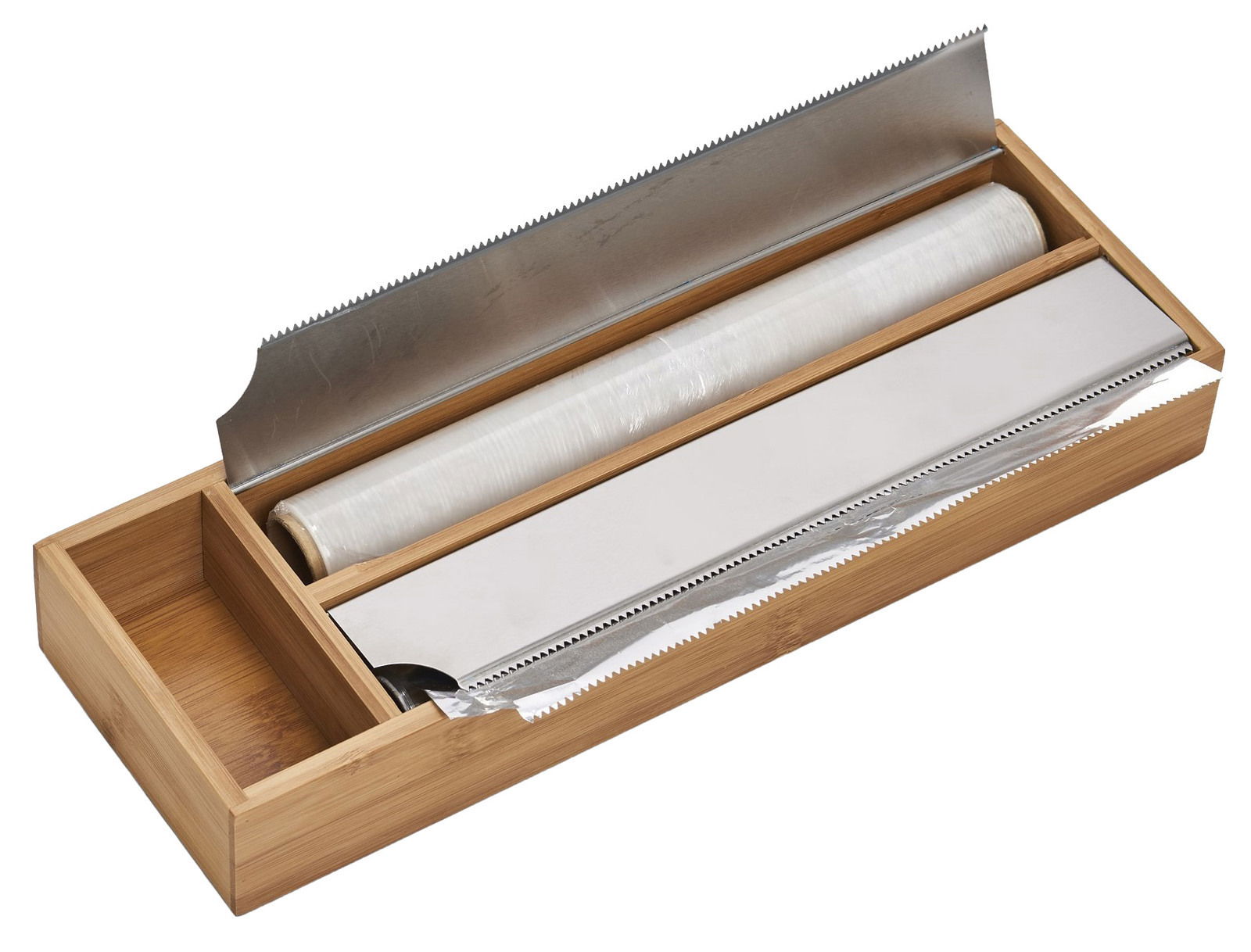 Zeller Present Folien-Aufbewahrungs-/Abreiß-Box Bambus-Folienabroller mit integriertem Abreißmesser, von oben betrachtet.