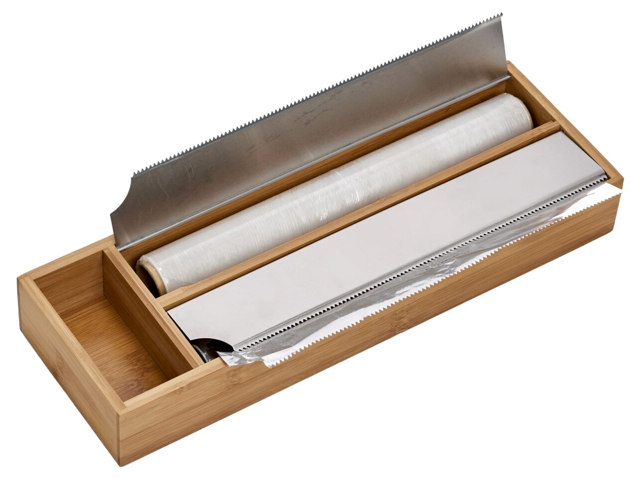 Zeller Present Folien-Aufbewahrungs-/Abreiß-Box Bambus-Folienabroller mit integriertem Abreißmesser, von oben betrachtet.