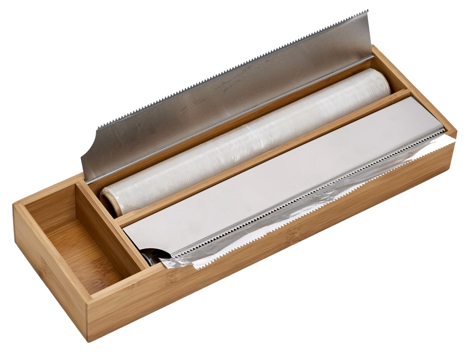 Zeller Present Folien-Aufbewahrungs-/Abreiß-Box Bambus-Folienabroller mit integriertem Abreißmesser, von oben betrachtet.