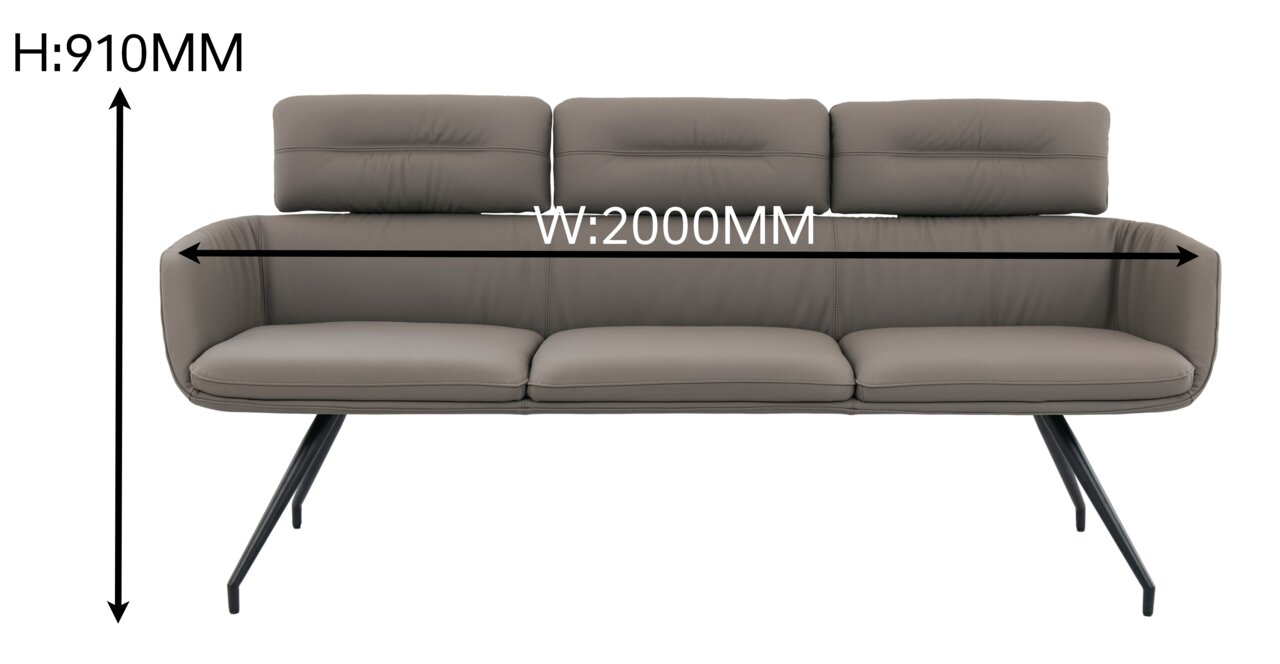 Frontale Ansicht einer modernen Sitzbank mit drei gepolsterten Sitzen und Rückenlehnen, Breite 2000 mm, Höhe 910 mm, auf schwarzen Metallbeinen.