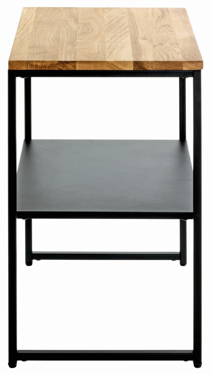Moderner Beistelltisch mit Holzplatte und schwarzem Metallgestell, Frontalansicht