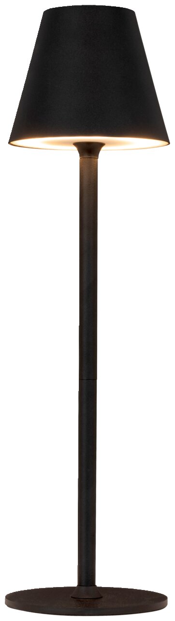 Schwarze Akku-Tischleuchte mit konischem Schirm, seitliche Perspektive