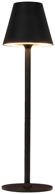 Schwarze Akku-Tischleuchte mit konischem Schirm, seitliche Perspektive