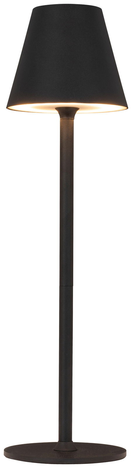 Schwarze Akku-Tischleuchte mit konischem Schirm, seitliche Perspektive