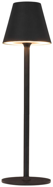 Schwarze Akku-Tischleuchte mit konischem Schirm, seitliche Perspektive