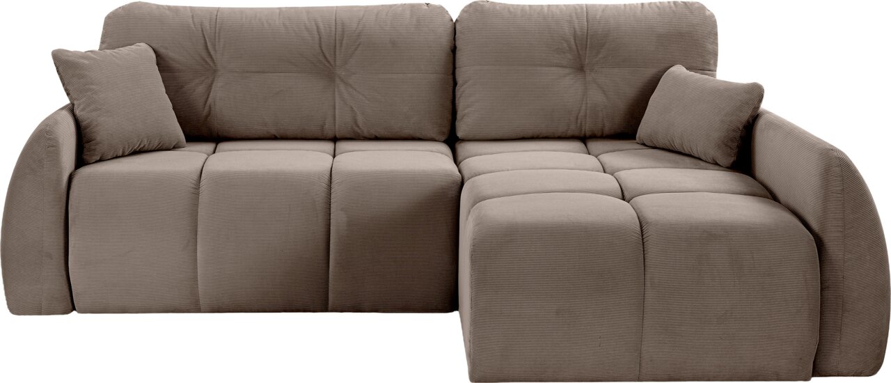 Eckschlafsofa in braunem Stoff, rechte Perspektive, mit zwei Kissen