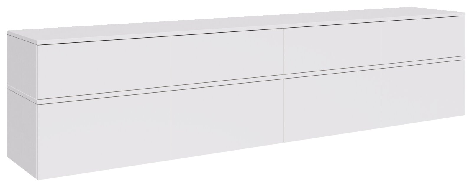 XORA TV-Lowboard SCALE Weißes, modernes Sideboard/Lowboard mit glatten, grifflosen Fronten und horizontaler Fuge, freigestellt auf weißem Hintergrund, Ansicht schräg von vorne links (3/4-Perspektive)