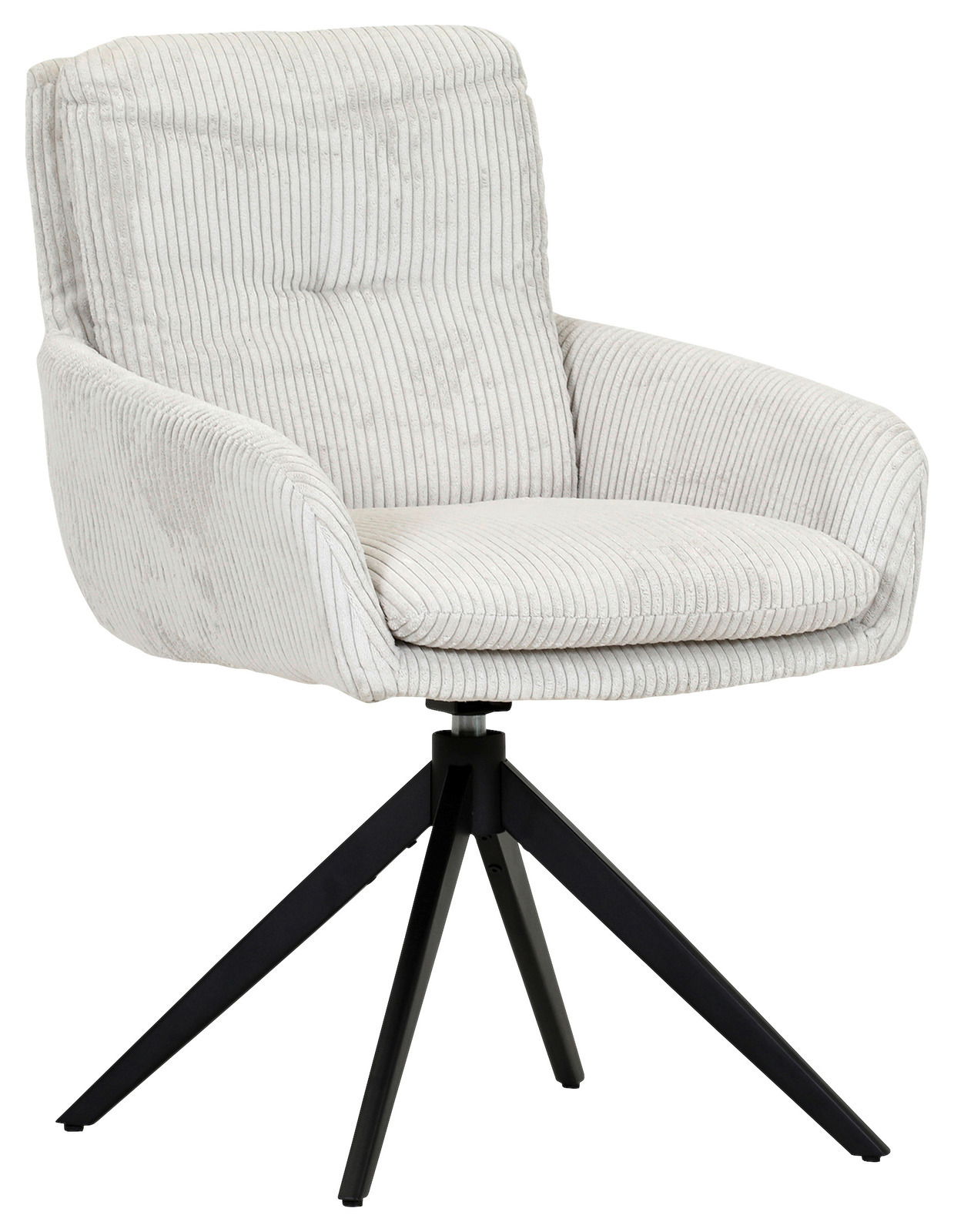 Moderner Armlehnstuhl mit hellgrauem, geripptem Stoffbezug und schwarzem Metallgestell, seitliche Perspektive