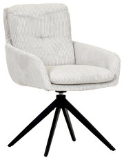 Moderner Armlehnstuhl mit hellgrauem, geripptem Stoffbezug und schwarzem Metallgestell, seitliche Perspektive