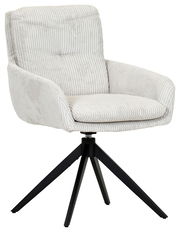 Moderner Armlehnstuhl mit hellgrauem, geripptem Stoffbezug und schwarzem Metallgestell, seitliche Perspektive