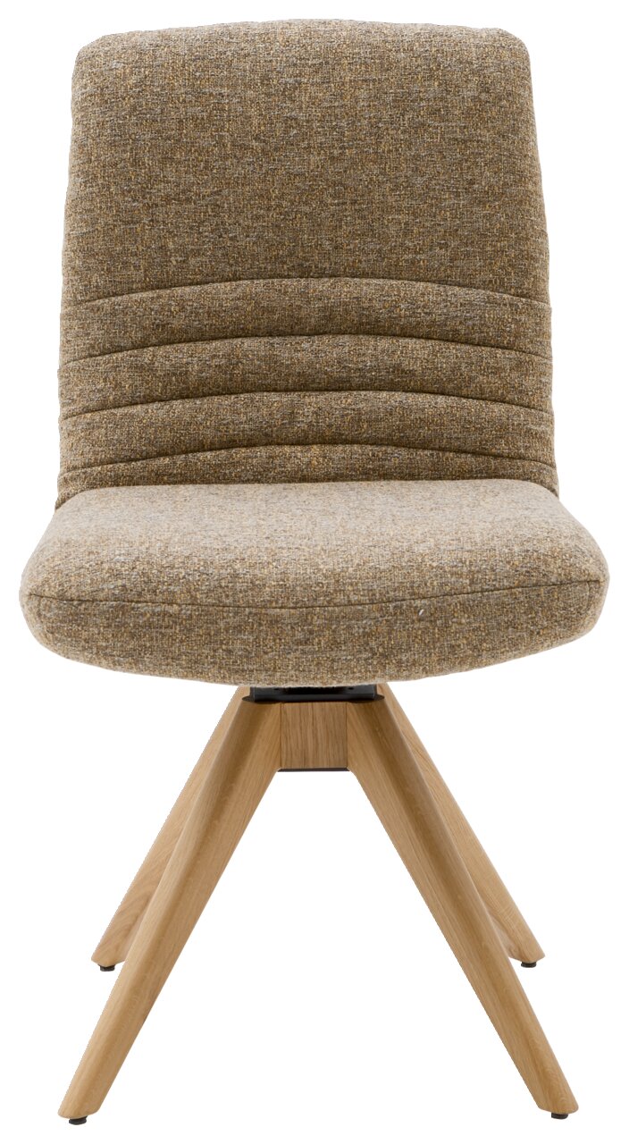 Moderne stoel met een gestoffeerde rugleuning en zitting van bruine stof, op een stevig houten onderstel. Vooraanzicht.