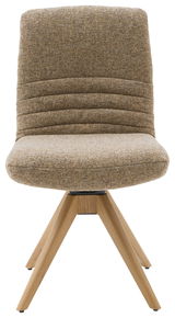 Moderner Stuhl mit gepolsterter Rückenlehne und Sitzfläche in braunem Stoff, auf einem stabilen Holzgestell. Frontalansicht.