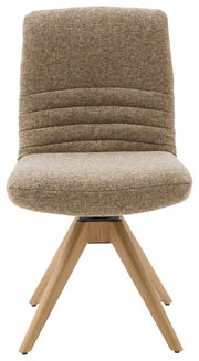 Moderner Stuhl mit gepolsterter Rückenlehne und Sitzfläche in braunem Stoff, auf einem stabilen Holzgestell. Frontalansicht.