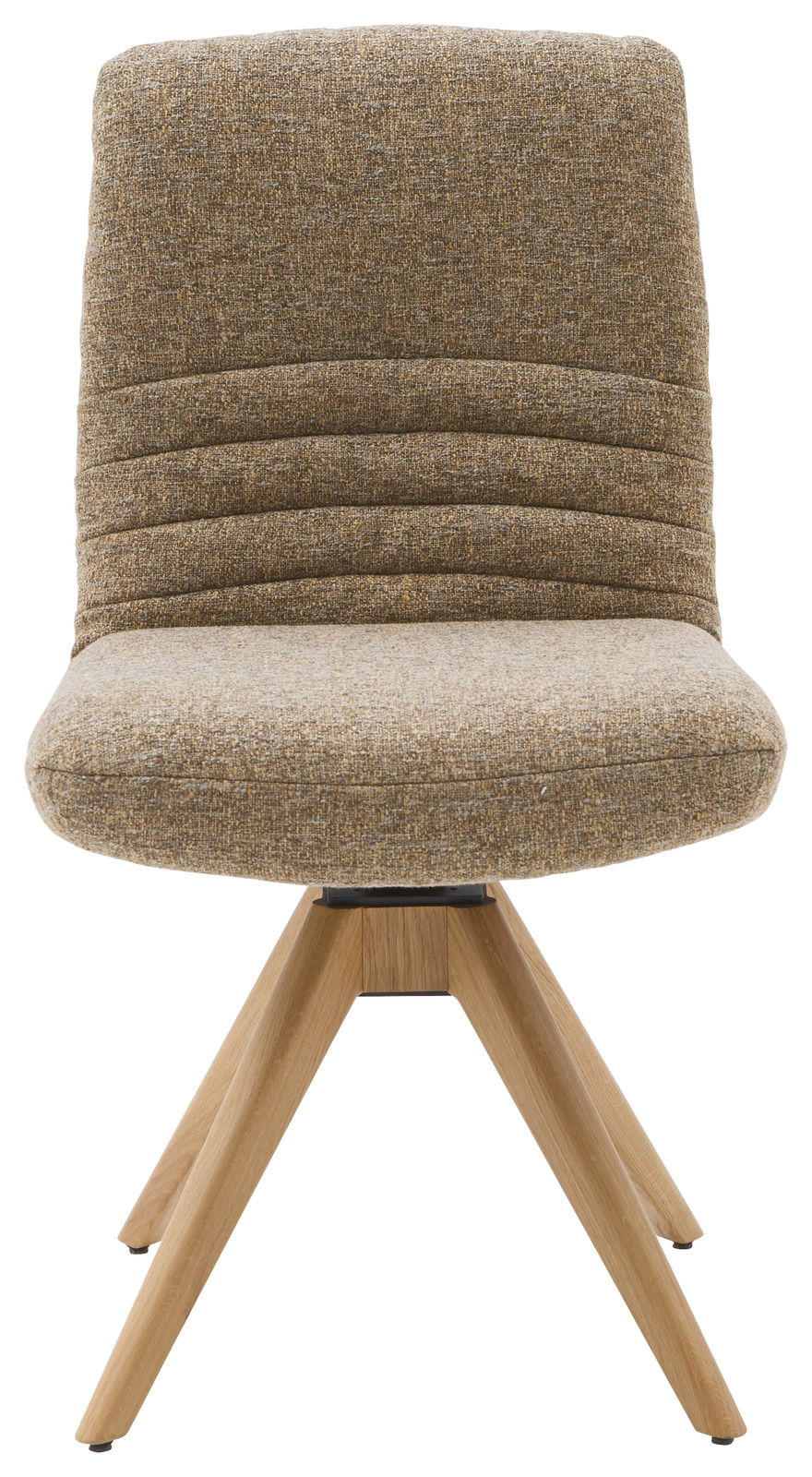 Moderner Stuhl mit gepolsterter Rückenlehne und Sitzfläche in braunem Stoff, auf einem stabilen Holzgestell. Frontalansicht.