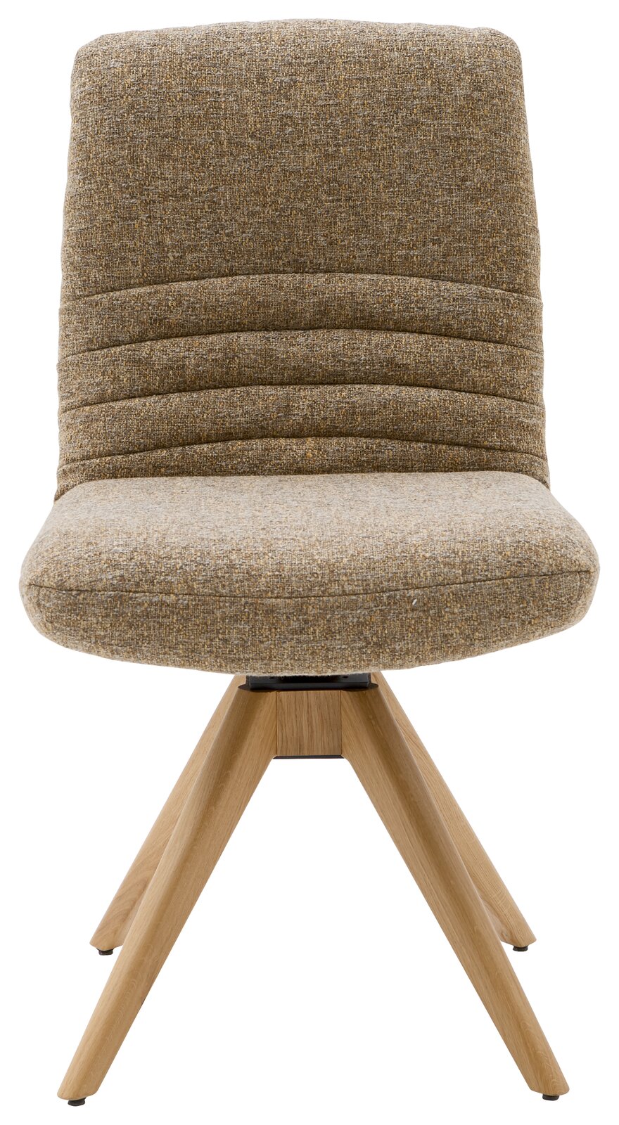 Moderner Stuhl mit gepolsterter Rückenlehne und Sitzfläche in braunem Stoff, auf einem stabilen Holzgestell. Frontalansicht.