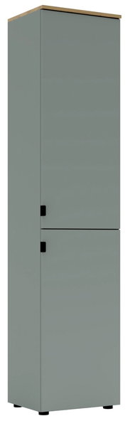 Grauer Büroschrank mit zwei Türen, seitliche Perspektive