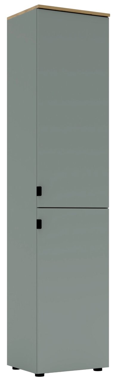 Grauer Büroschrank mit zwei Türen, seitliche Perspektive