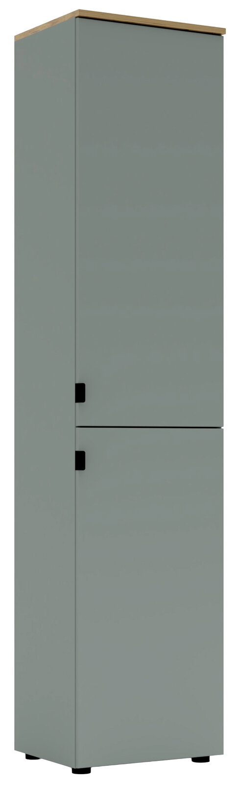 Grauer Büroschrank mit zwei Türen, seitliche Perspektive