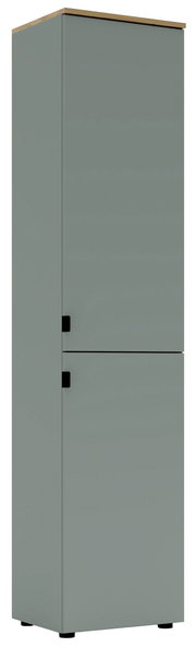 Grauer Büroschrank mit zwei Türen, seitliche Perspektive